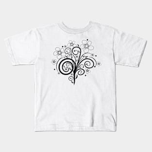 black, white, flower tendril, blooming, bloom, bunch of flowers Kids T-Shirt